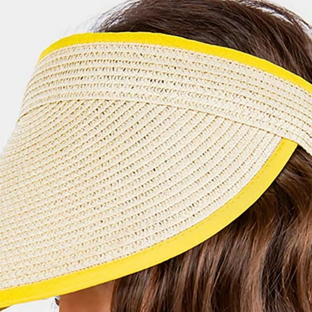 Yellow Trimmed Brim Straw Visor Womens Sun Hat Cap Cute Statement Accessory